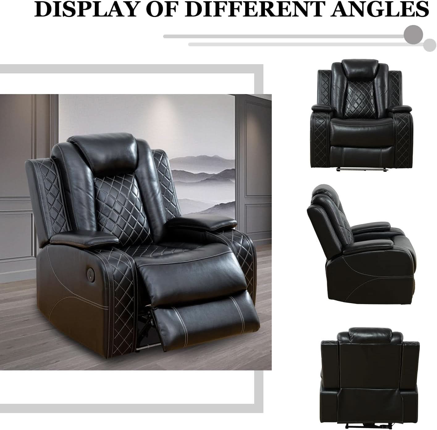 Leather Power Recliner Sofa Set With LED USB Ports Black