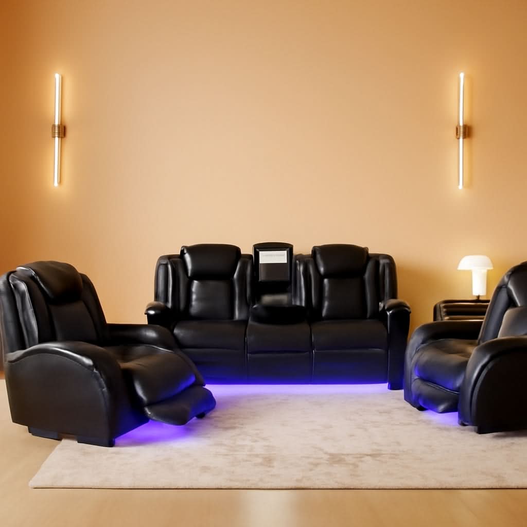 Leather Power Recliner Sofa Set With LED USB Ports Black