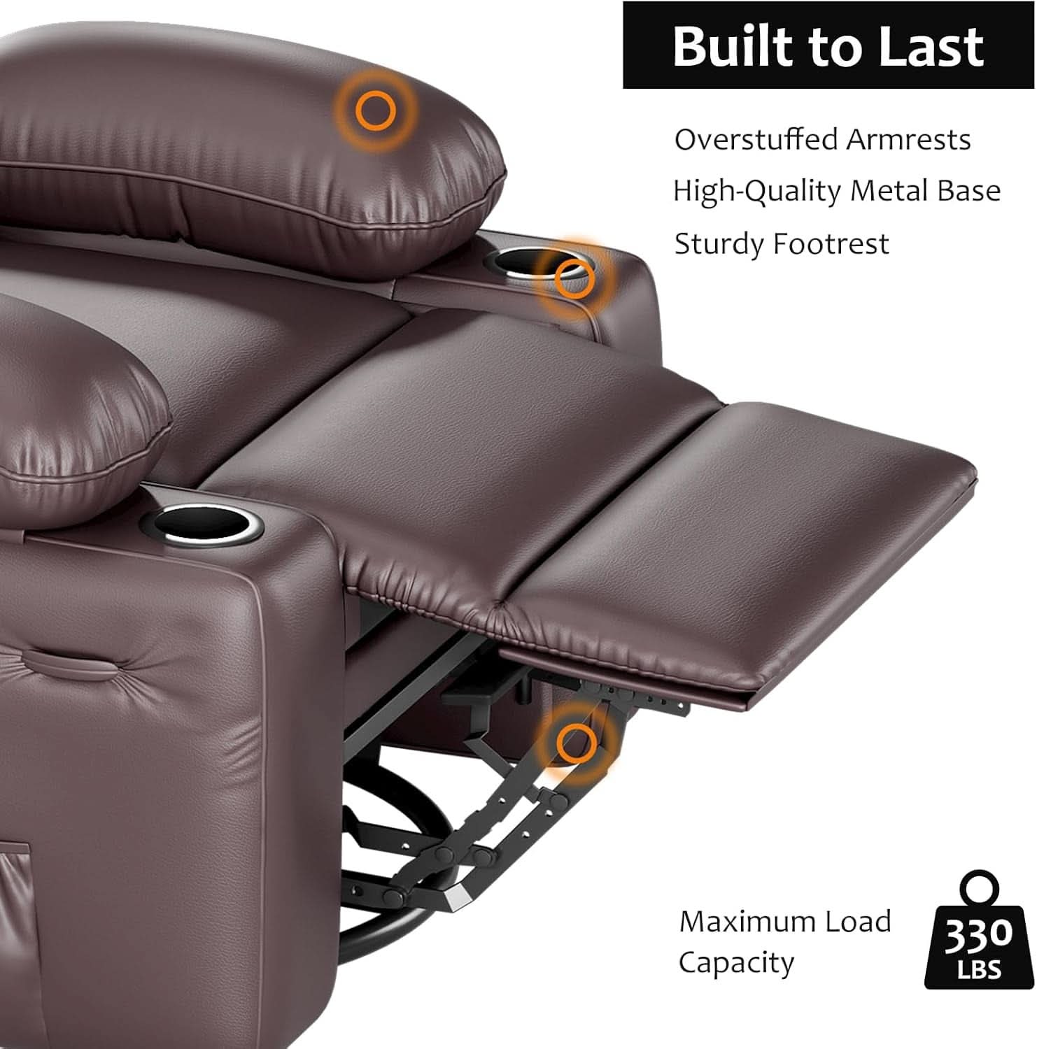 Leather Recliner Chair Brown Medium With Cup Holders And 150 Degree Recline