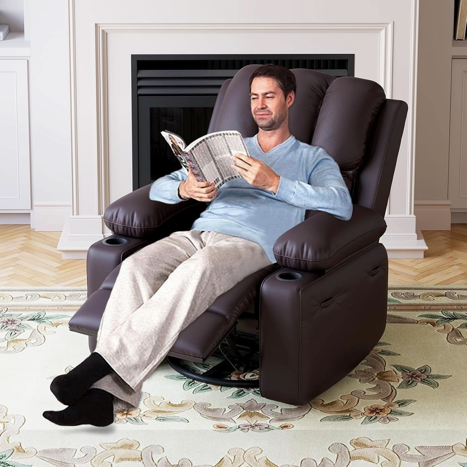 Leather Recliner Chair Brown Medium With Cup Holders And 150 Degree Recline
