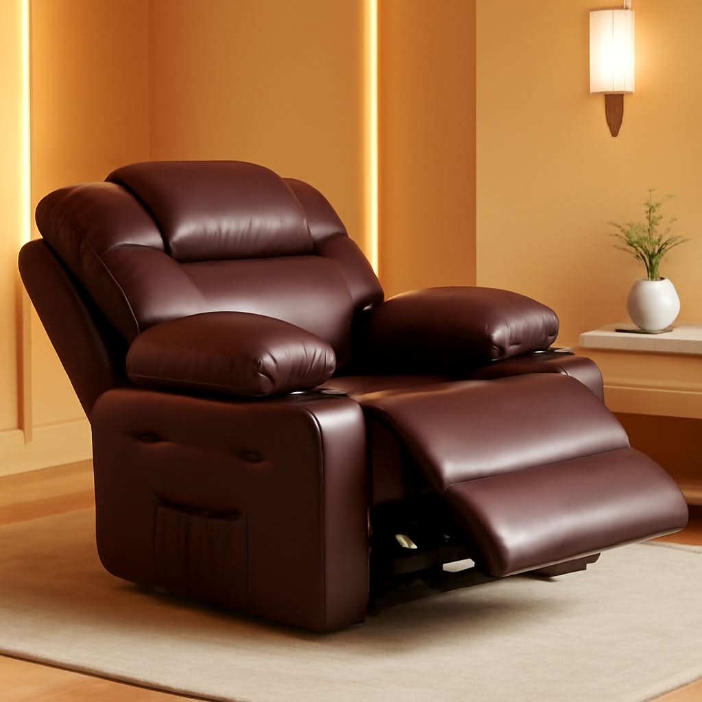 Leather Recliner Chair Brown Medium With Cup Holders And 150 Degree Recline