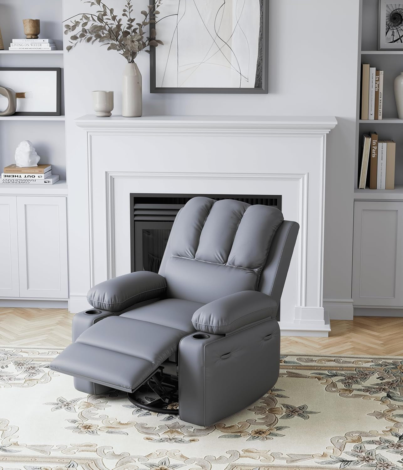 Leather Recliner Chair Gray With Cup Holders Living Room