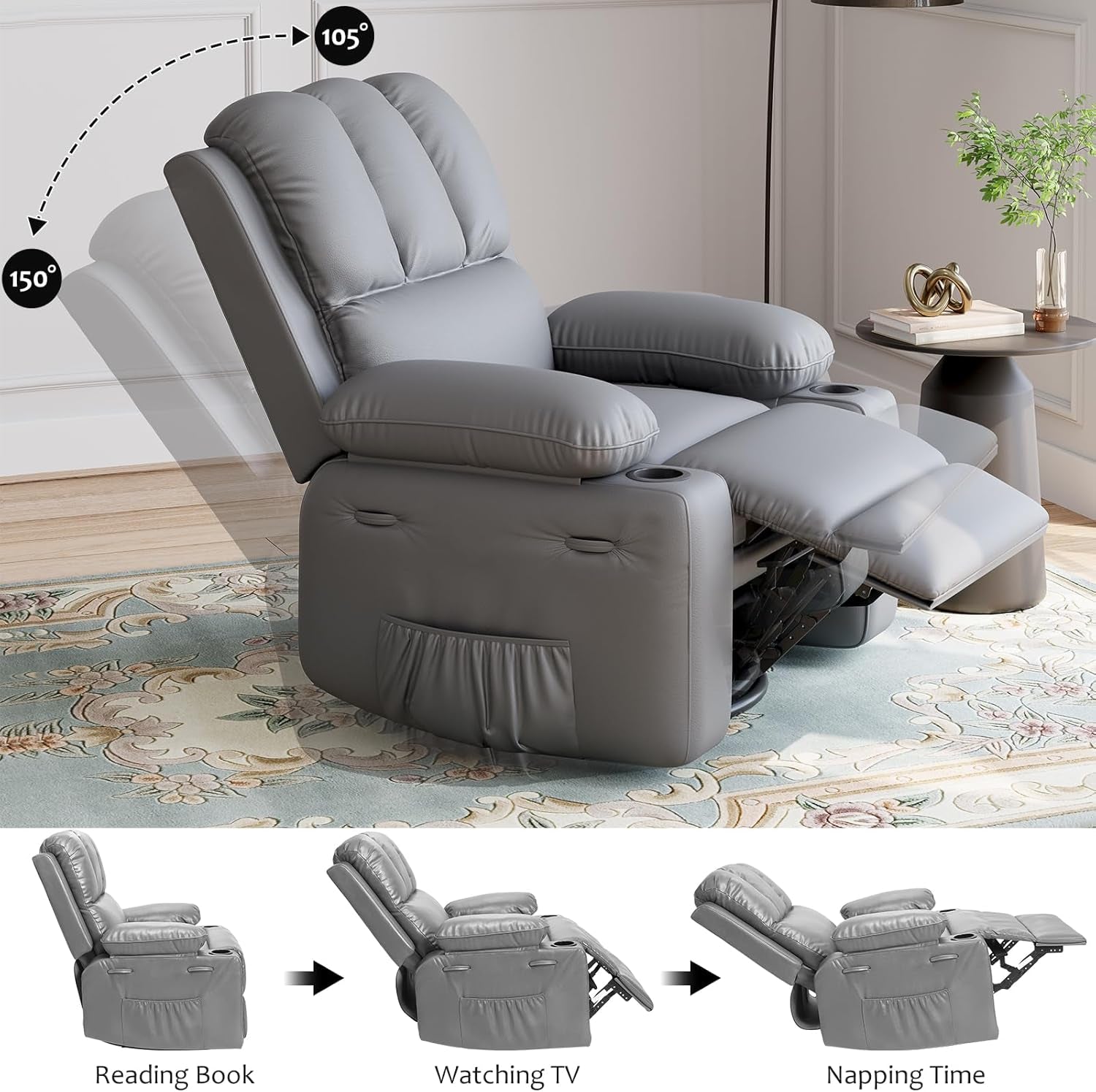 Leather Recliner Chair Gray With Cup Holders Living Room