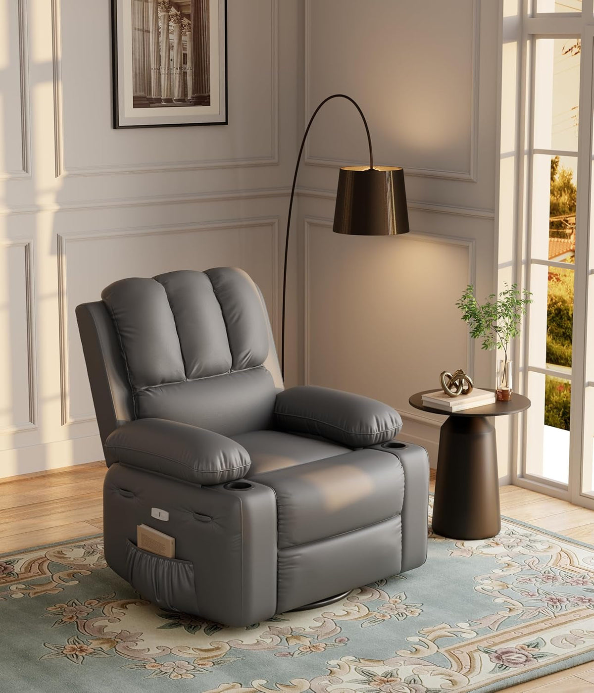 Leather Recliner Chair Gray With Cup Holders Living Room
