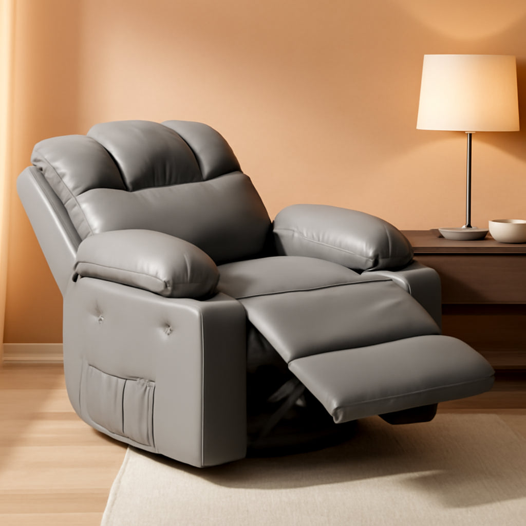 Leather Recliner Chair Gray With Cup Holders Living Room