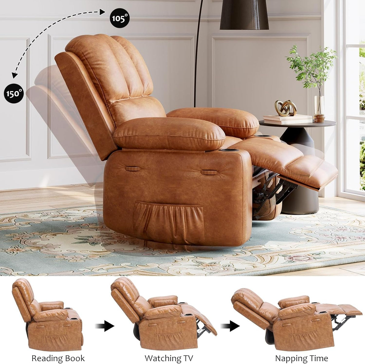 Leather Recliner Chair With Cup Holders Cognac Living Room