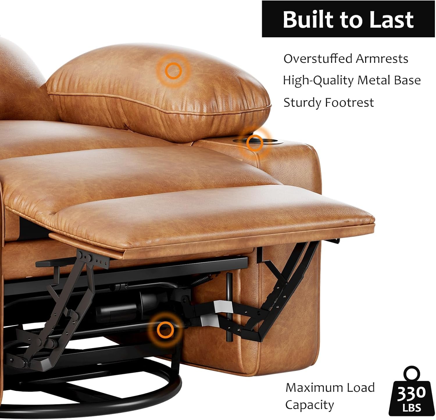 Leather Recliner Chair With Cup Holders Cognac Living Room