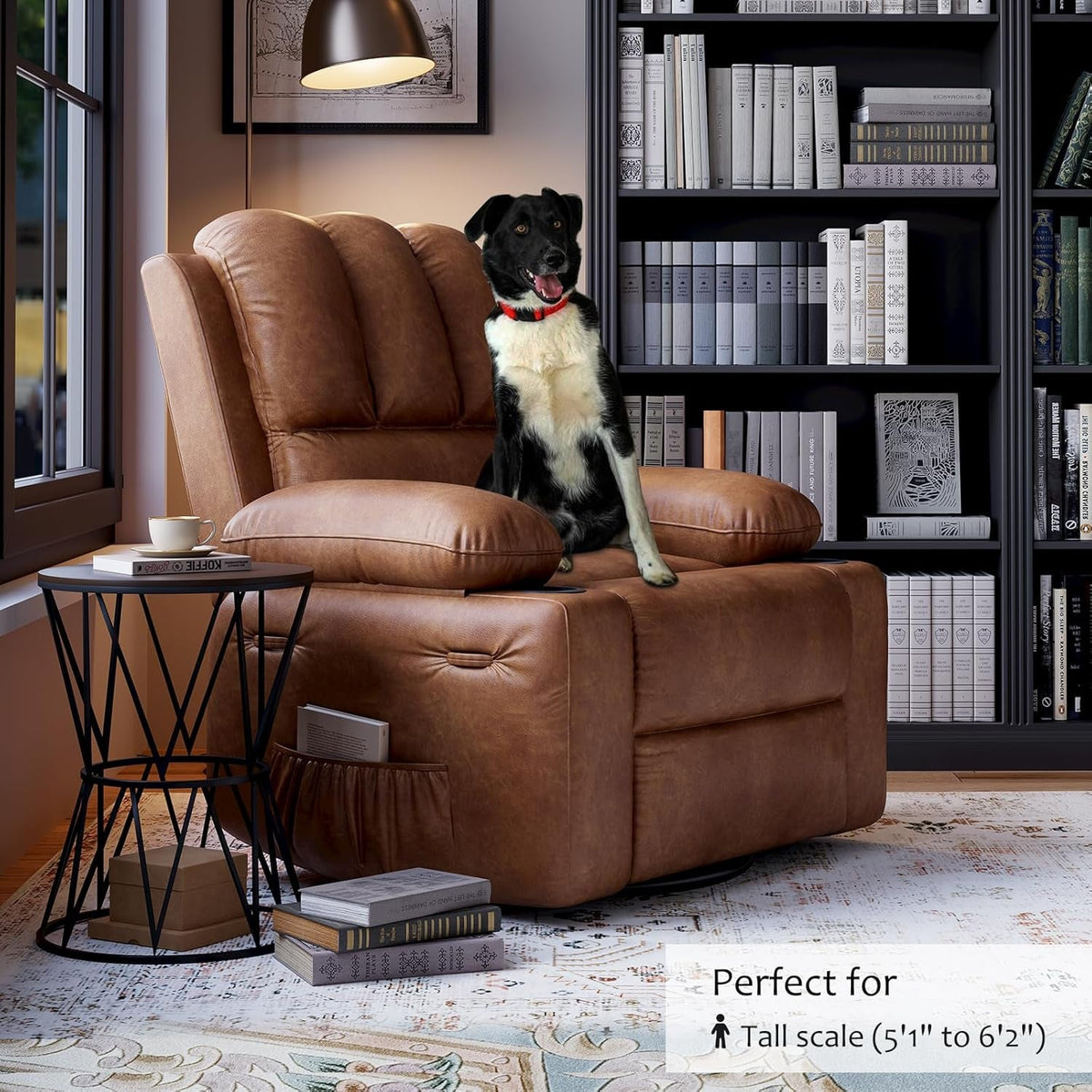 Leather Recliner Chair With Cup Holders Cognac Living Room
