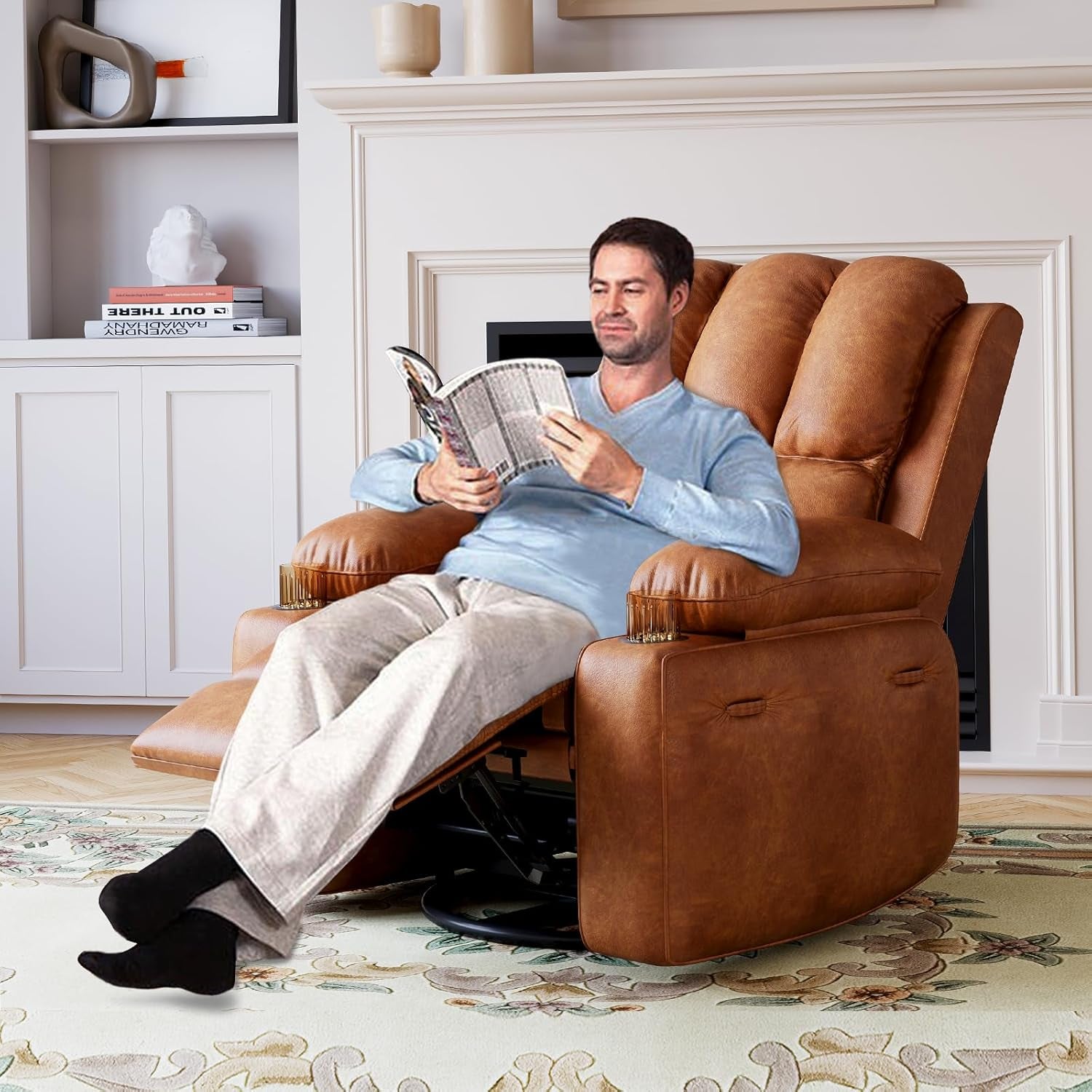 Leather Recliner Chair With Cup Holders Cognac Living Room