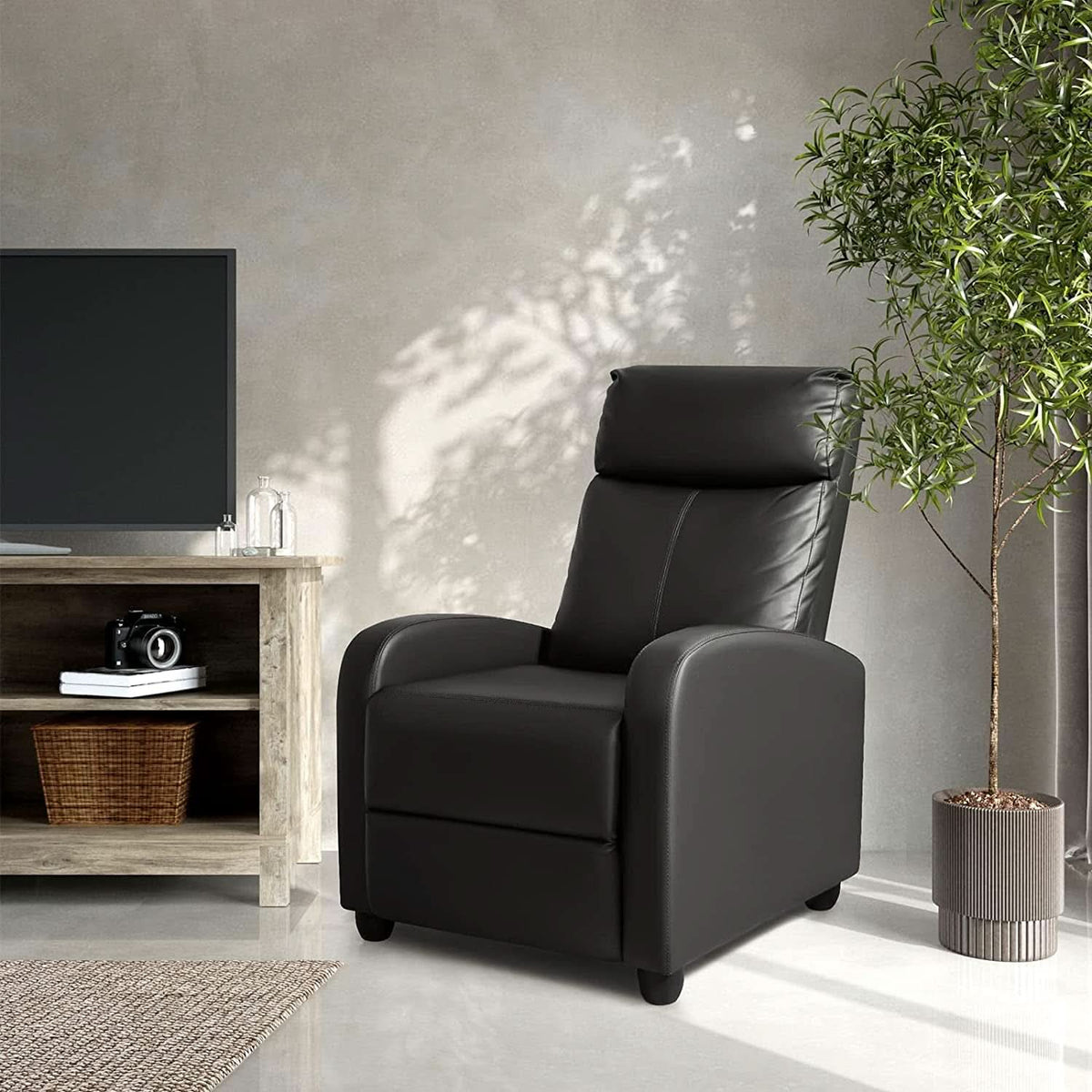 Leather Recliner Chair With Lumbar Support, Black, 90 To 180 Degree Adjustable