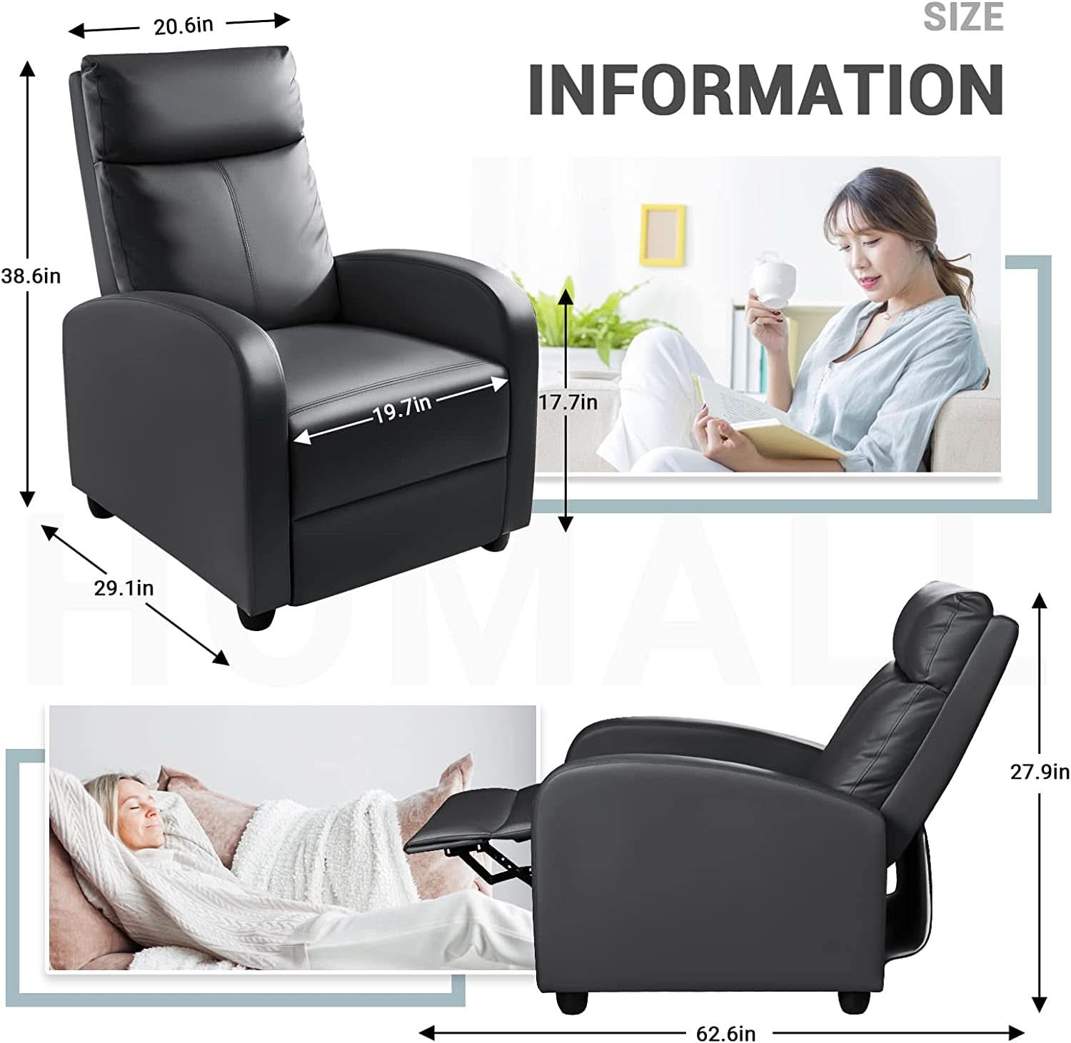 Leather Recliner Chair With Lumbar Support, Black, 90 To 180 Degree Adjustable