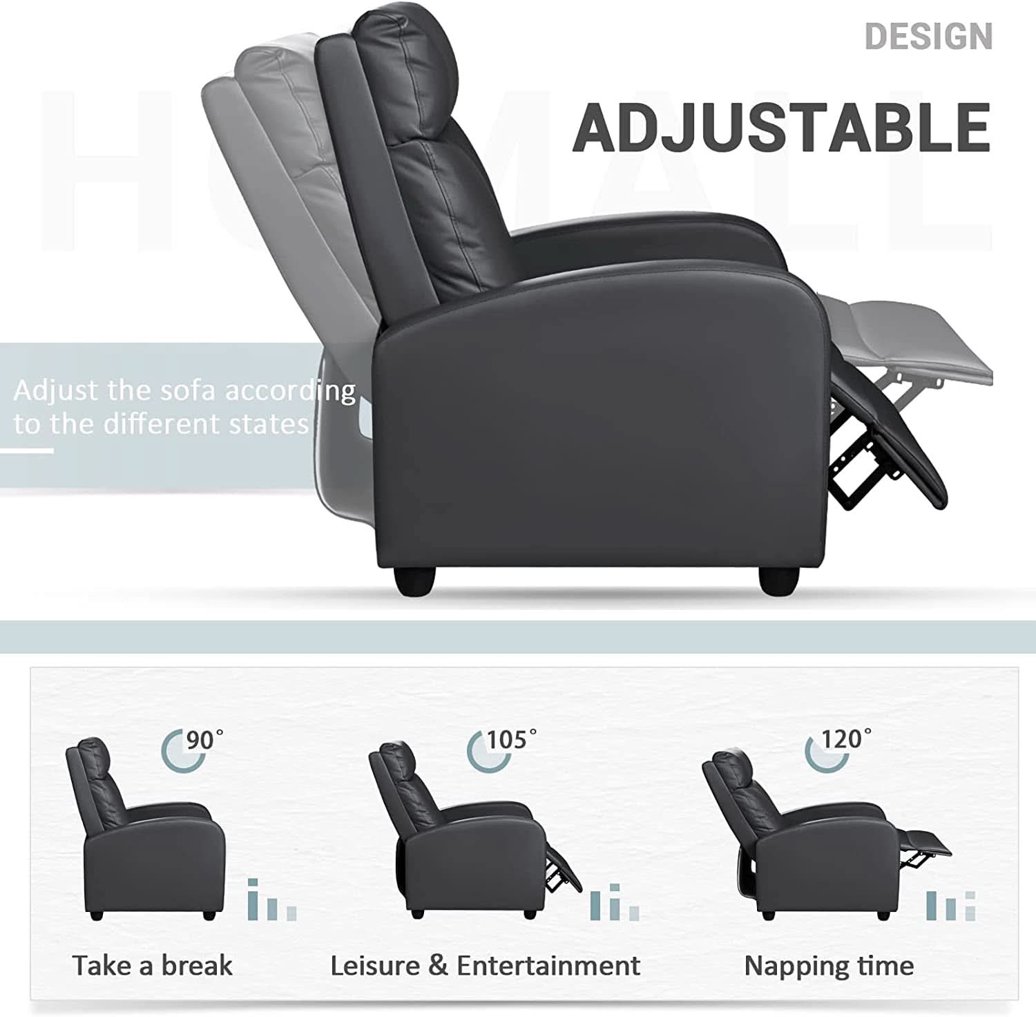 Leather Recliner Chair With Lumbar Support, Black, 90 To 180 Degree Adjustable