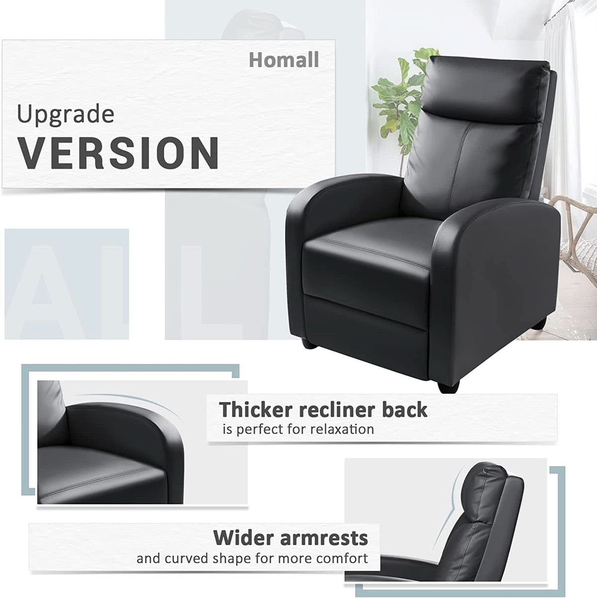 Leather Recliner Chair With Lumbar Support, Black, 90 To 180 Degree Adjustable