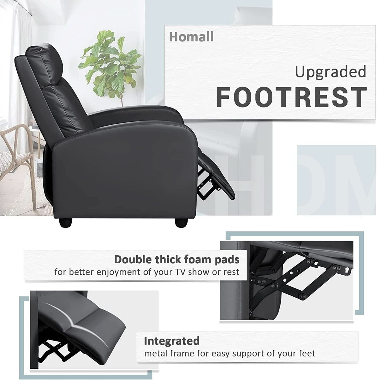 Leather Recliner Chair With Lumbar Support, Black, 90 To 180 Degree Adjustable