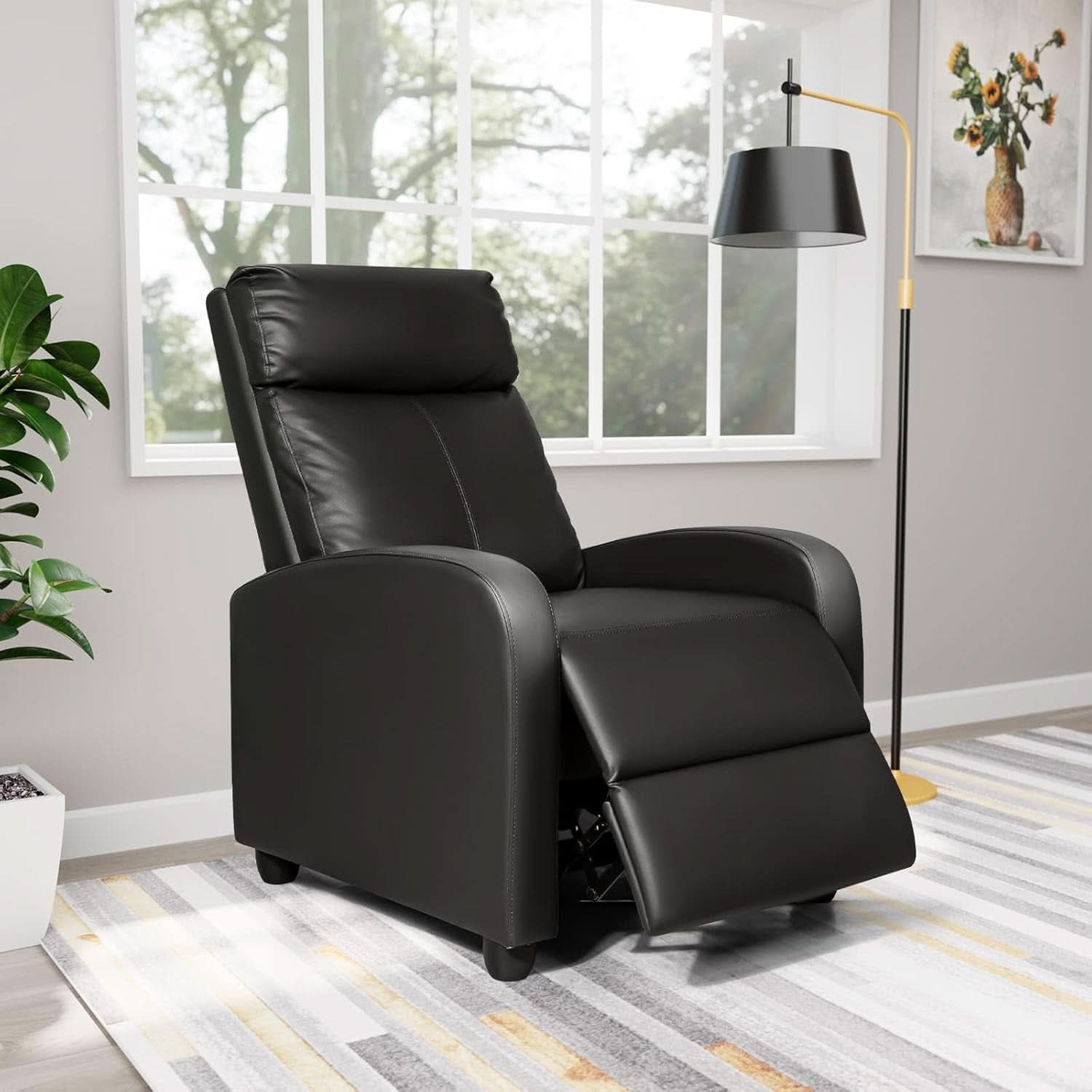 Leather Recliner Chair With Lumbar Support, Black, 90 To 180 Degree Adjustable