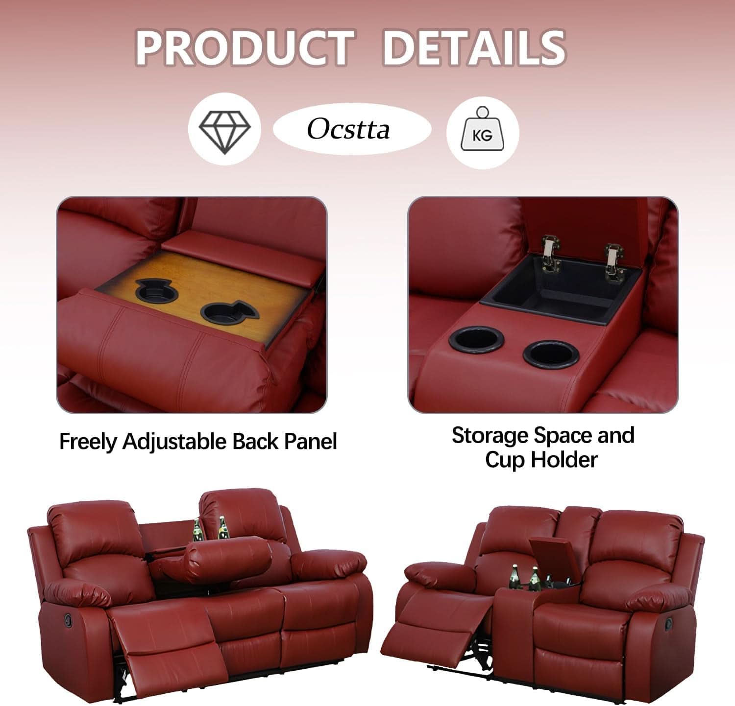Leather Recliner Sofa Set 3 Piece For Living Room Red