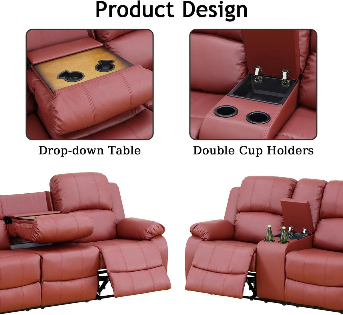 Leather Recliner Sofa Set Red Three Piece Living Room Furniture