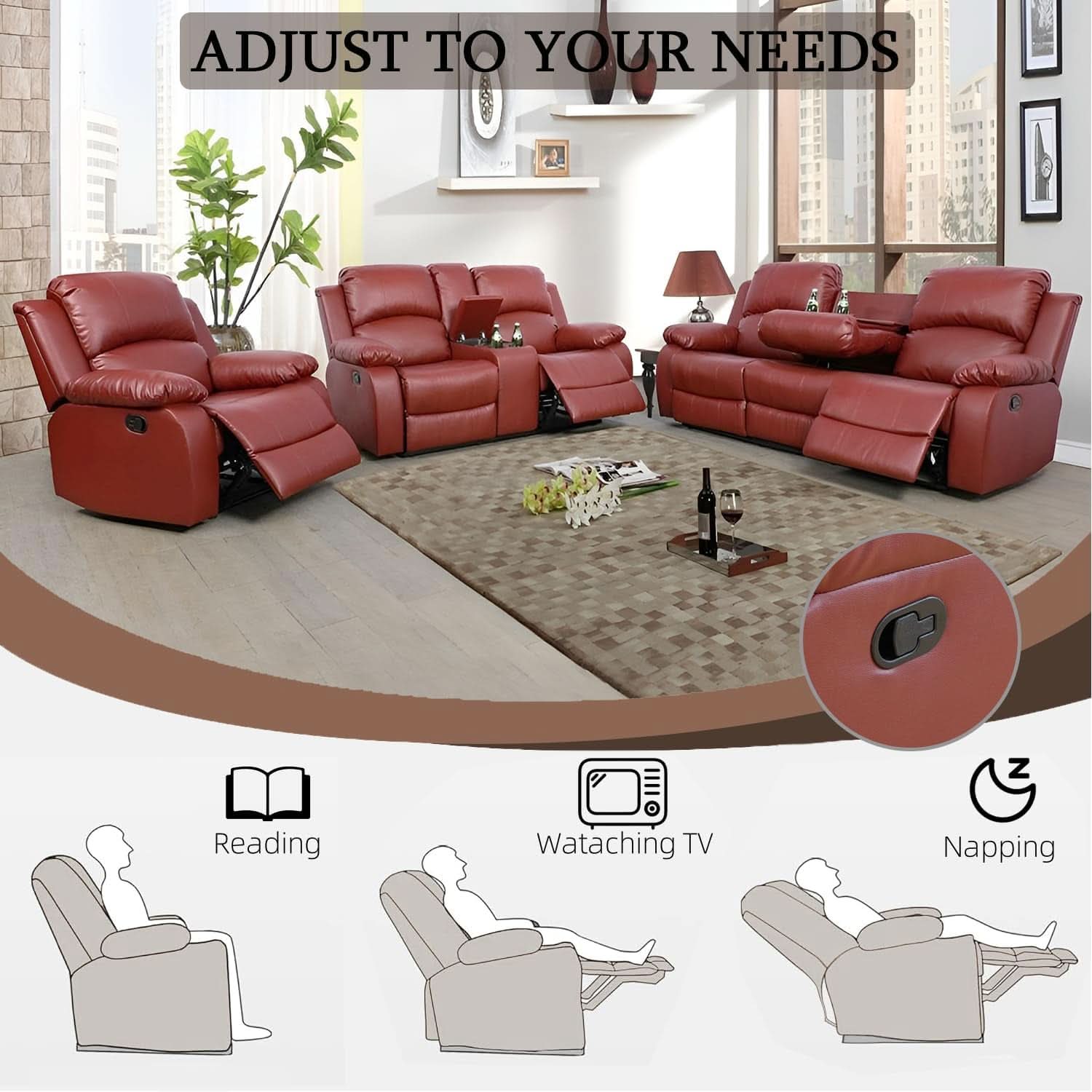 Leather Recliner Sofa Set Red Three Piece Living Room Furniture