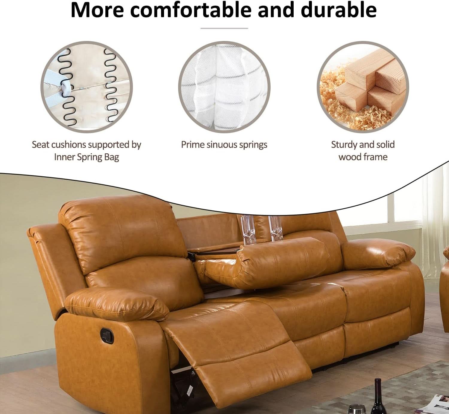 Leather Recliner Sofa Set With Drop Table Ginger 3Seater