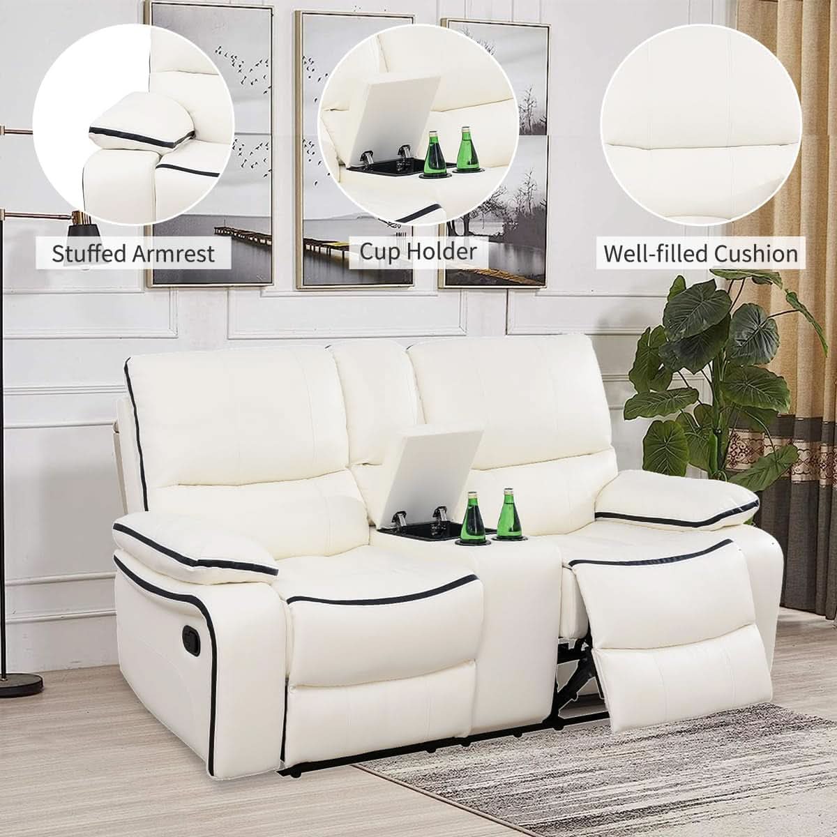 Leather Recliner Sofa Set With Storage Console White