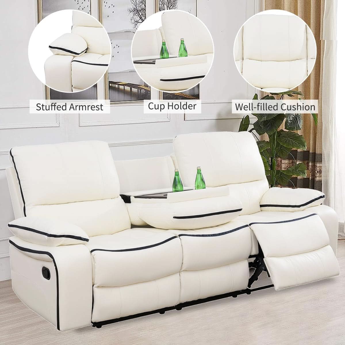 Leather Recliner Sofa Set With Storage Console White