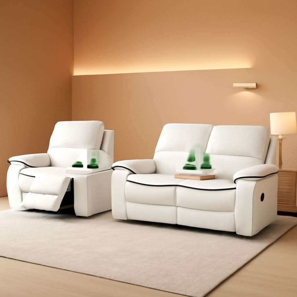 Leather Recliner Sofa Set With Storage Console White
