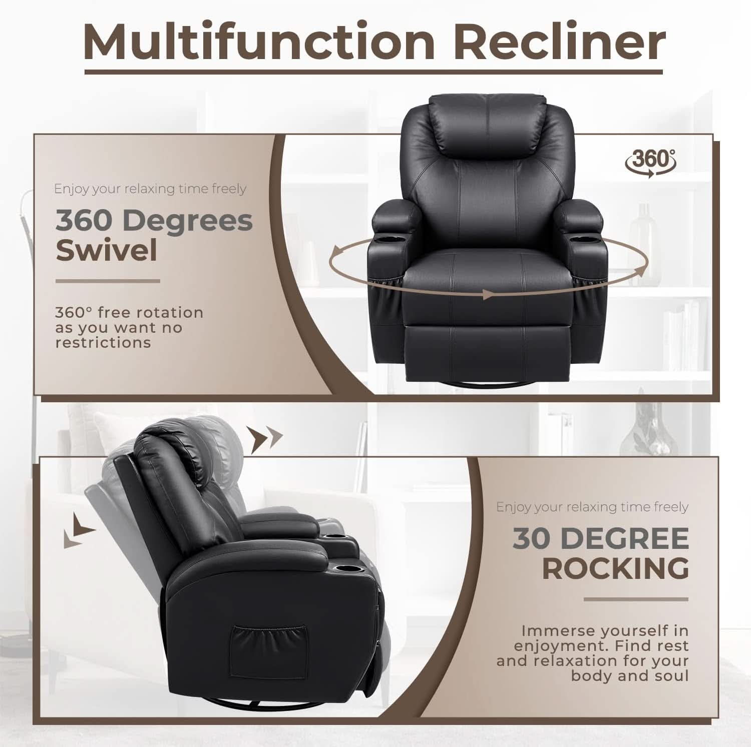 Leather Rocking Recliner With Massage And Heat Swivel