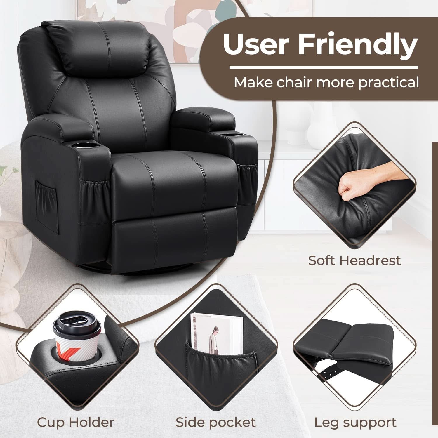 Leather Rocking Recliner With Massage And Heat Swivel