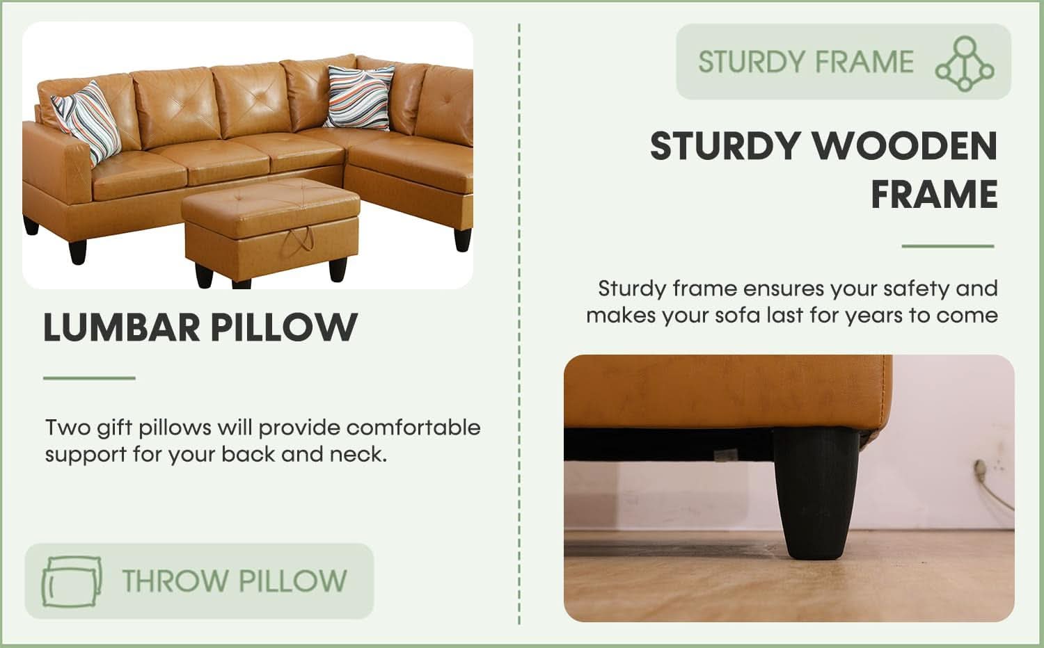 Leather Sectional Sofa L Shape With Storage Ottoman Ginger