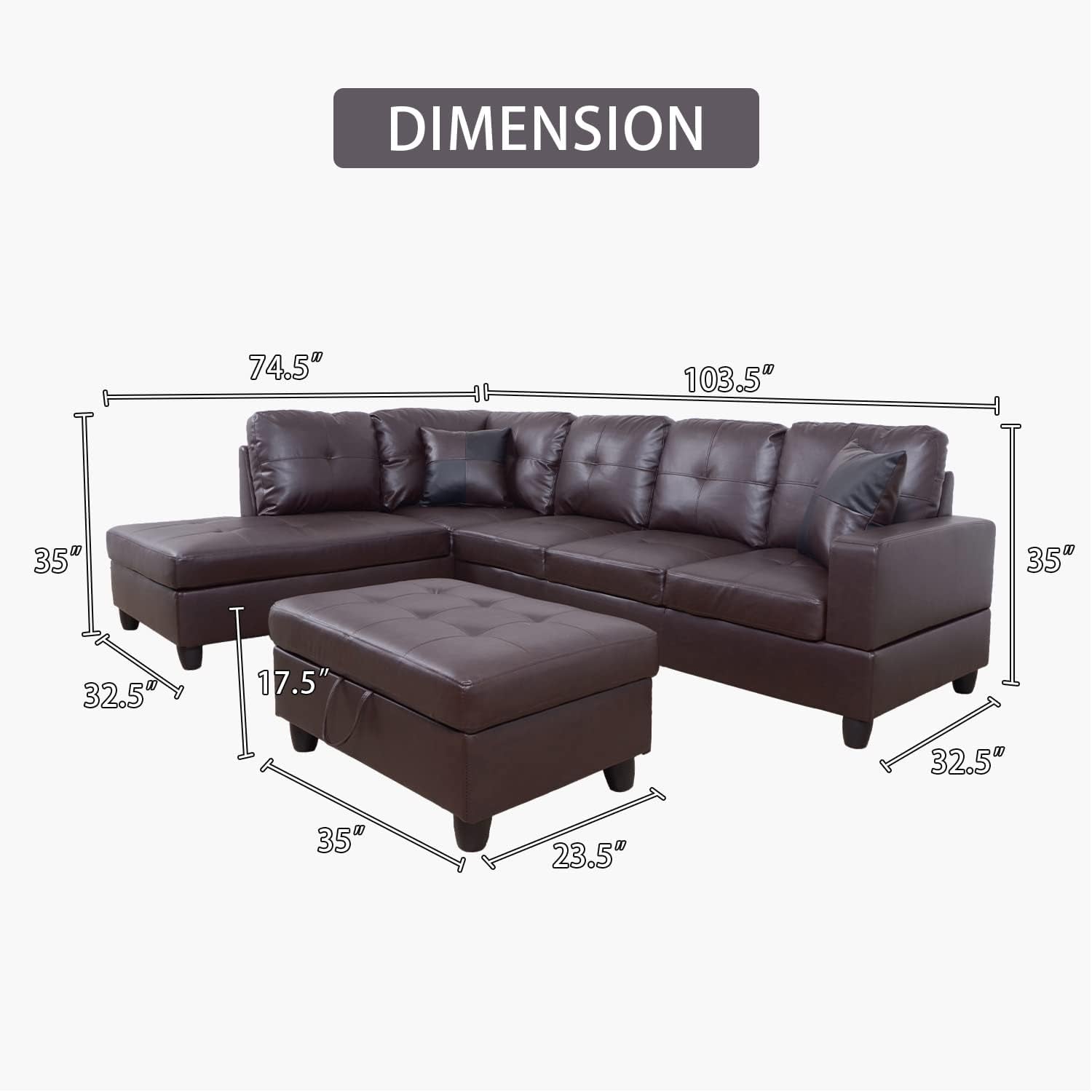 Leather Sectional Sofa Left Hand Facing Brown Modern