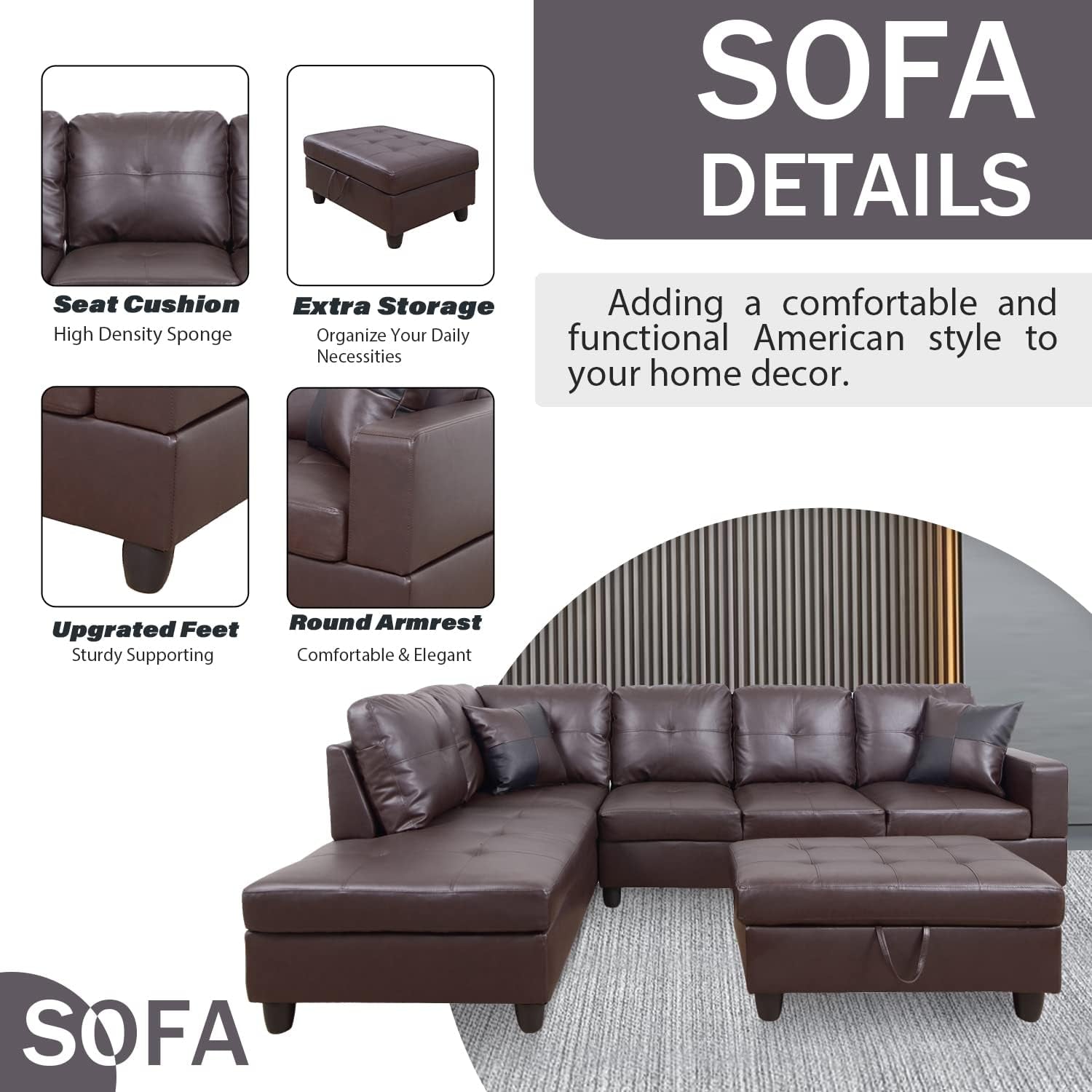 Leather Sectional Sofa Left Hand Facing Brown Modern