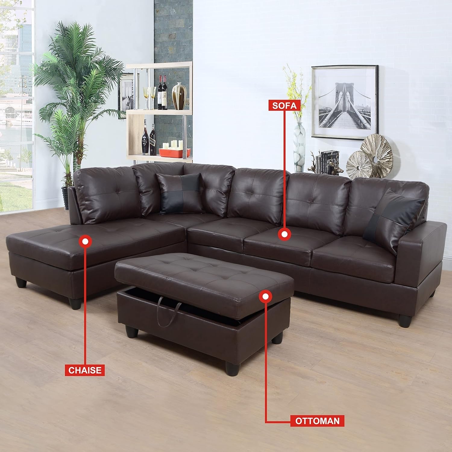 Leather Sectional Sofa Left Hand Facing Brown Modern