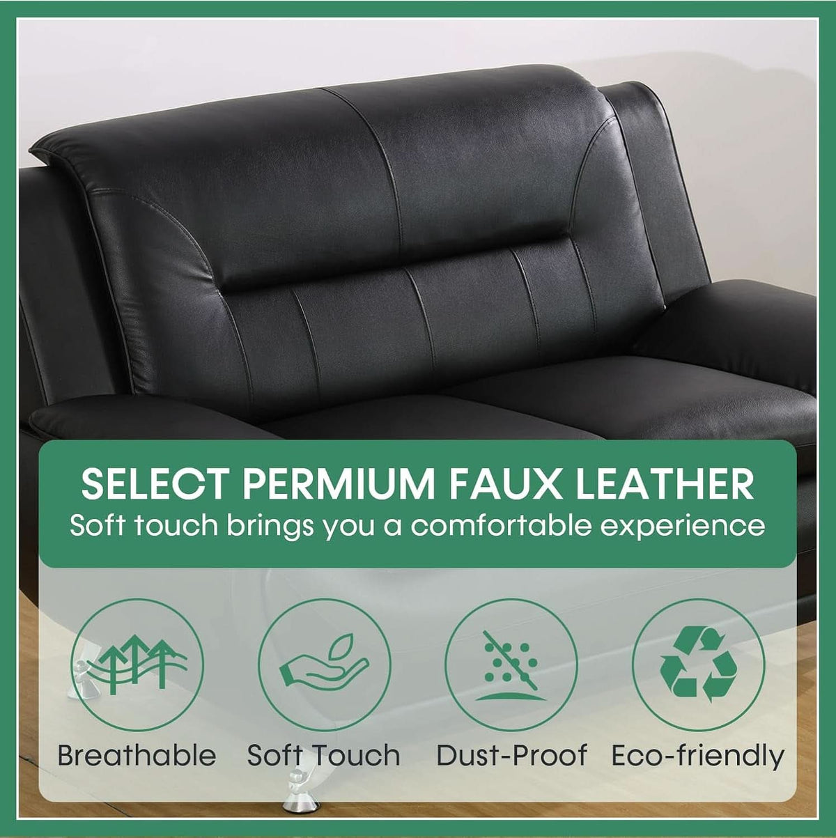 Leather Sofa Set 3 Piece Black Living Room Furniture