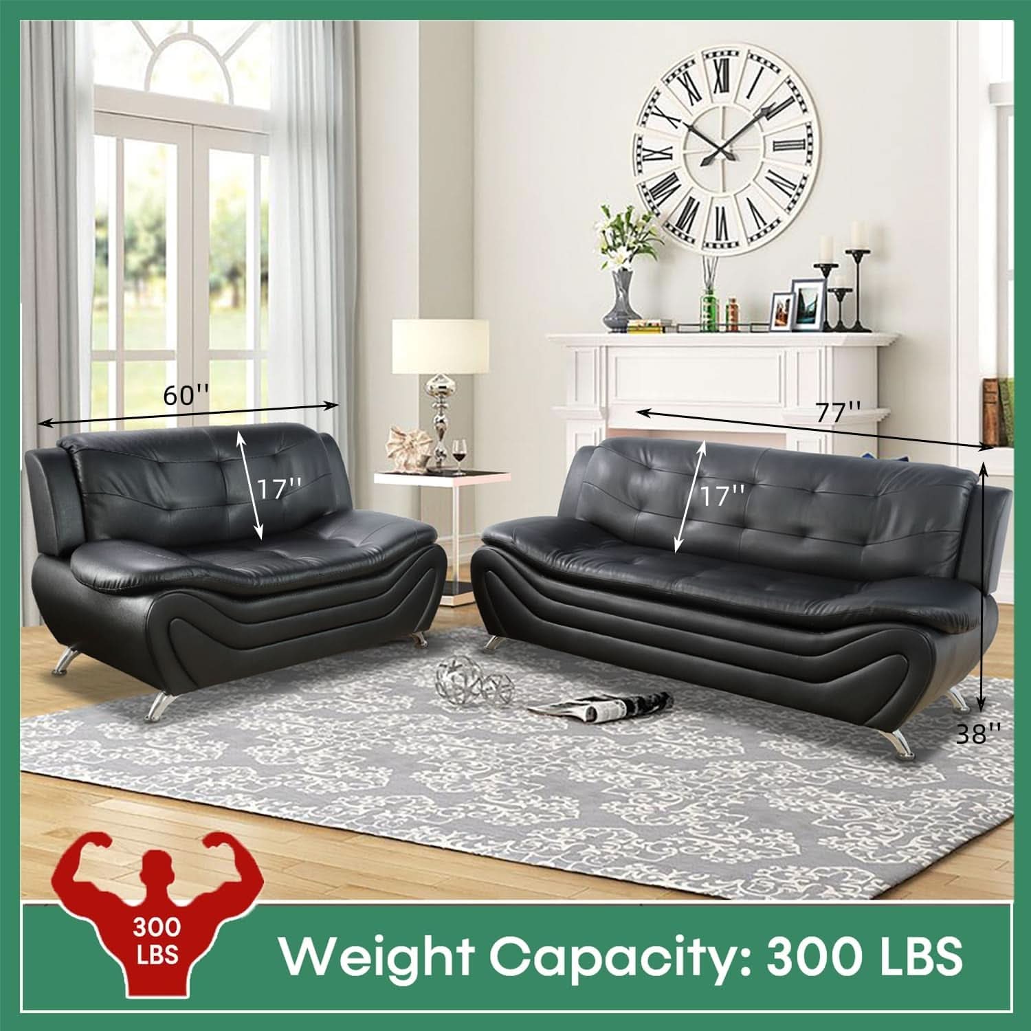 Leather Sofa Set 3 Piece With Loveseat And Armchair For Living Room Black