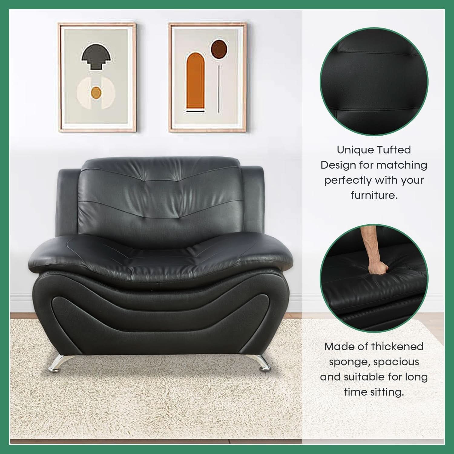 Leather Sofa Set 3 Piece With Loveseat And Armchair For Living Room Black