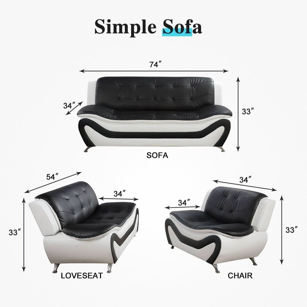 Leather Sofa Set for Living Room 3 Piece Black and White Modern