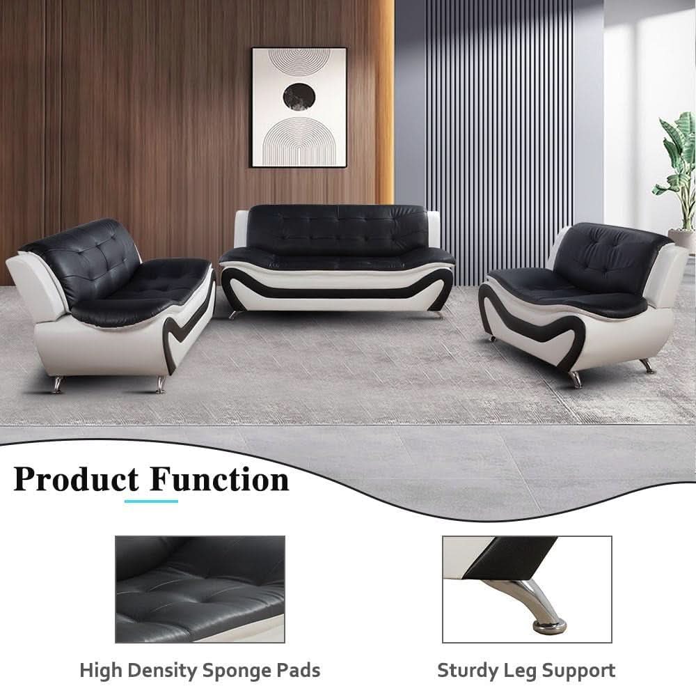 Leather Sofa Set for Living Room 3 Piece Black and White Modern