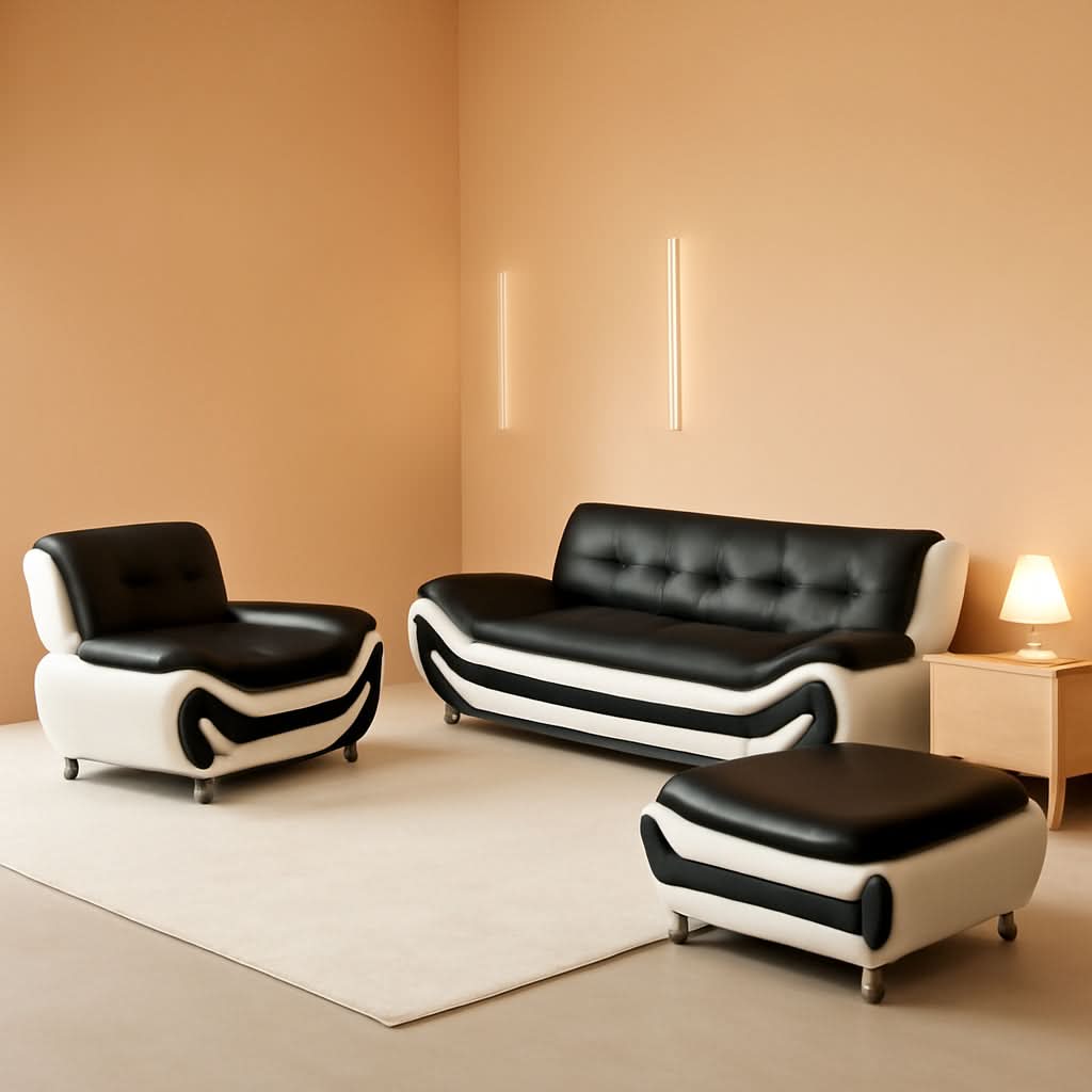 Leather Sofa Set for Living Room 3 Piece Black and White Modern