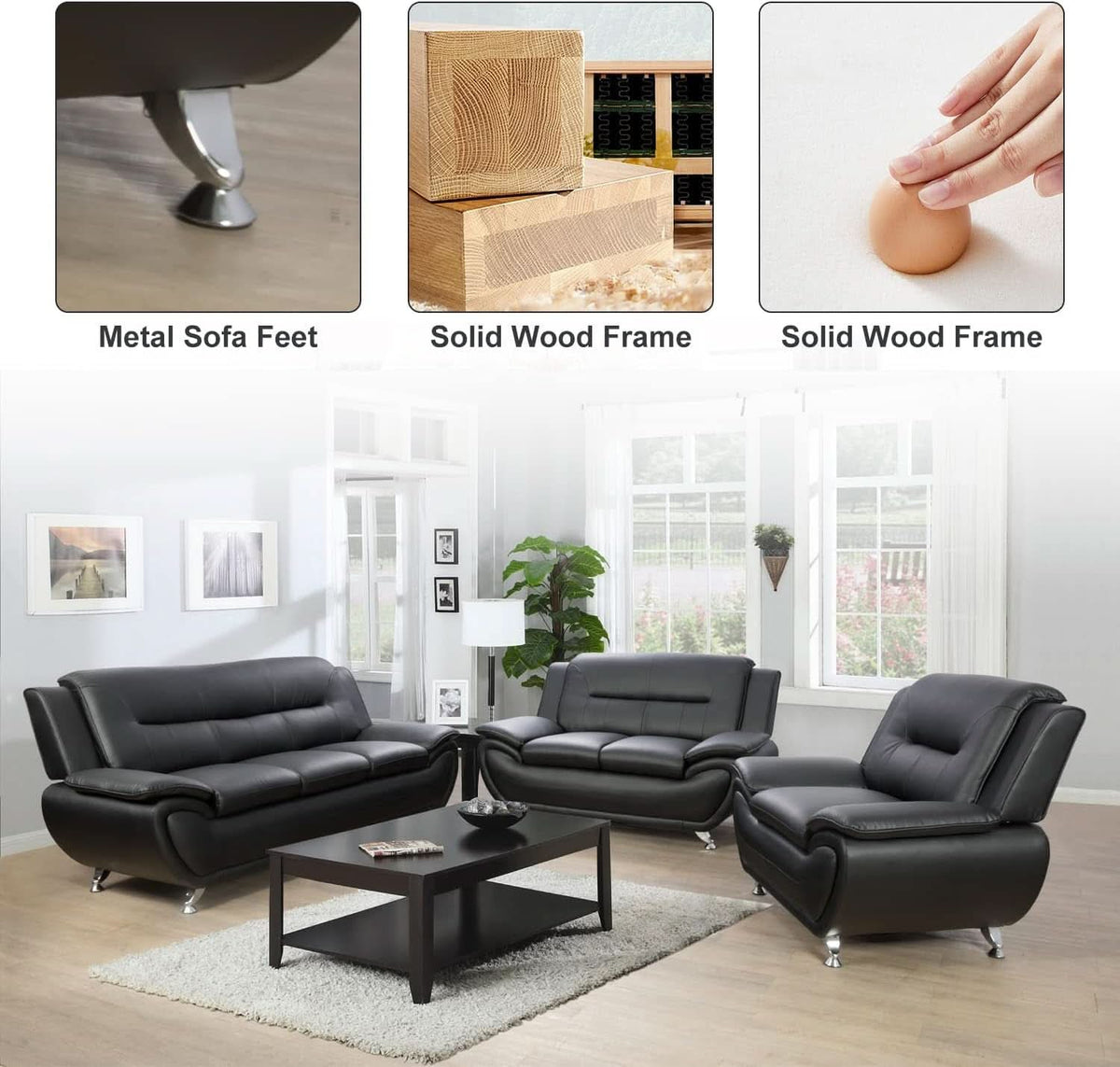 Leather Sofa and Loveseat Set for Living Room Black Leather Furniture