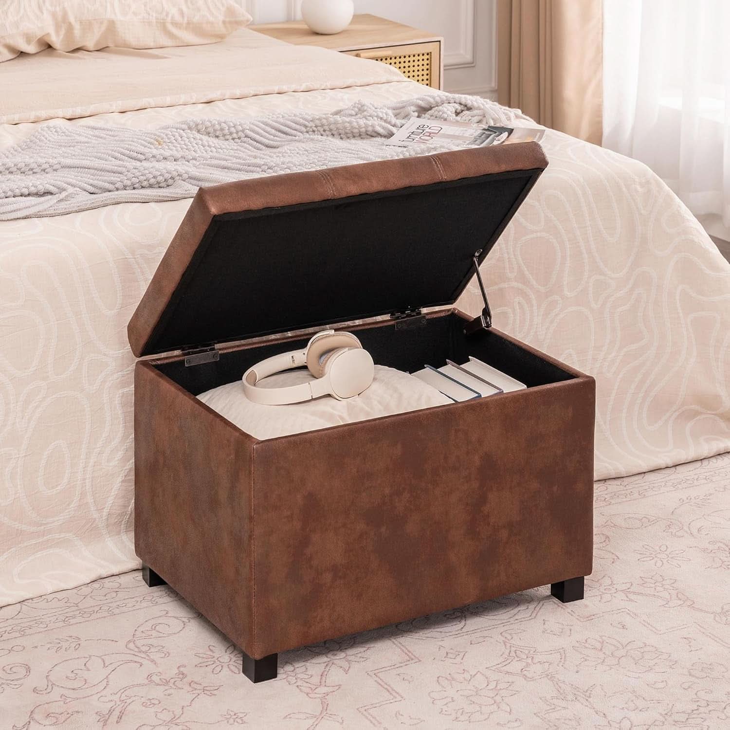 Leather Storage Ottoman Bench 24 Inches Rectangular