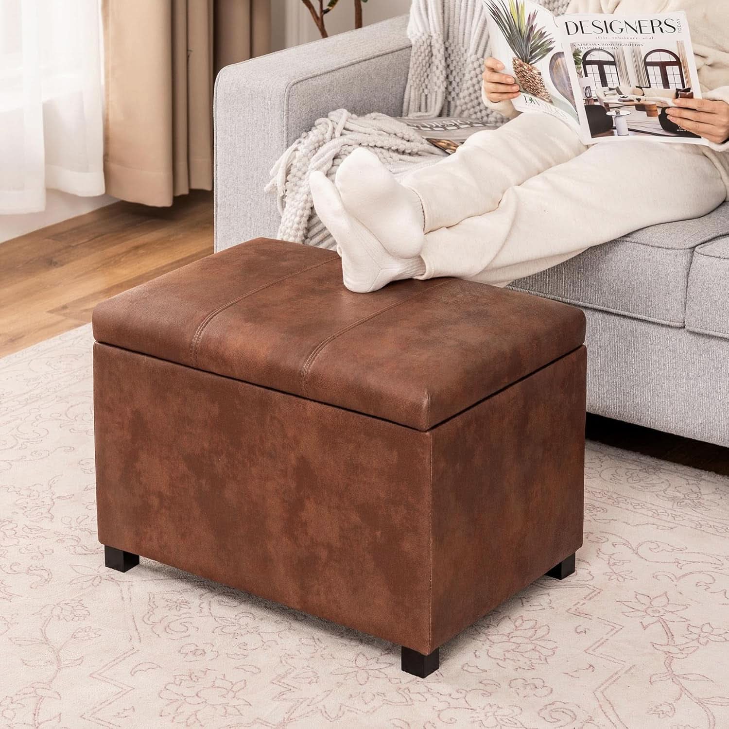 Leather Storage Ottoman Bench 24 Inches Rectangular