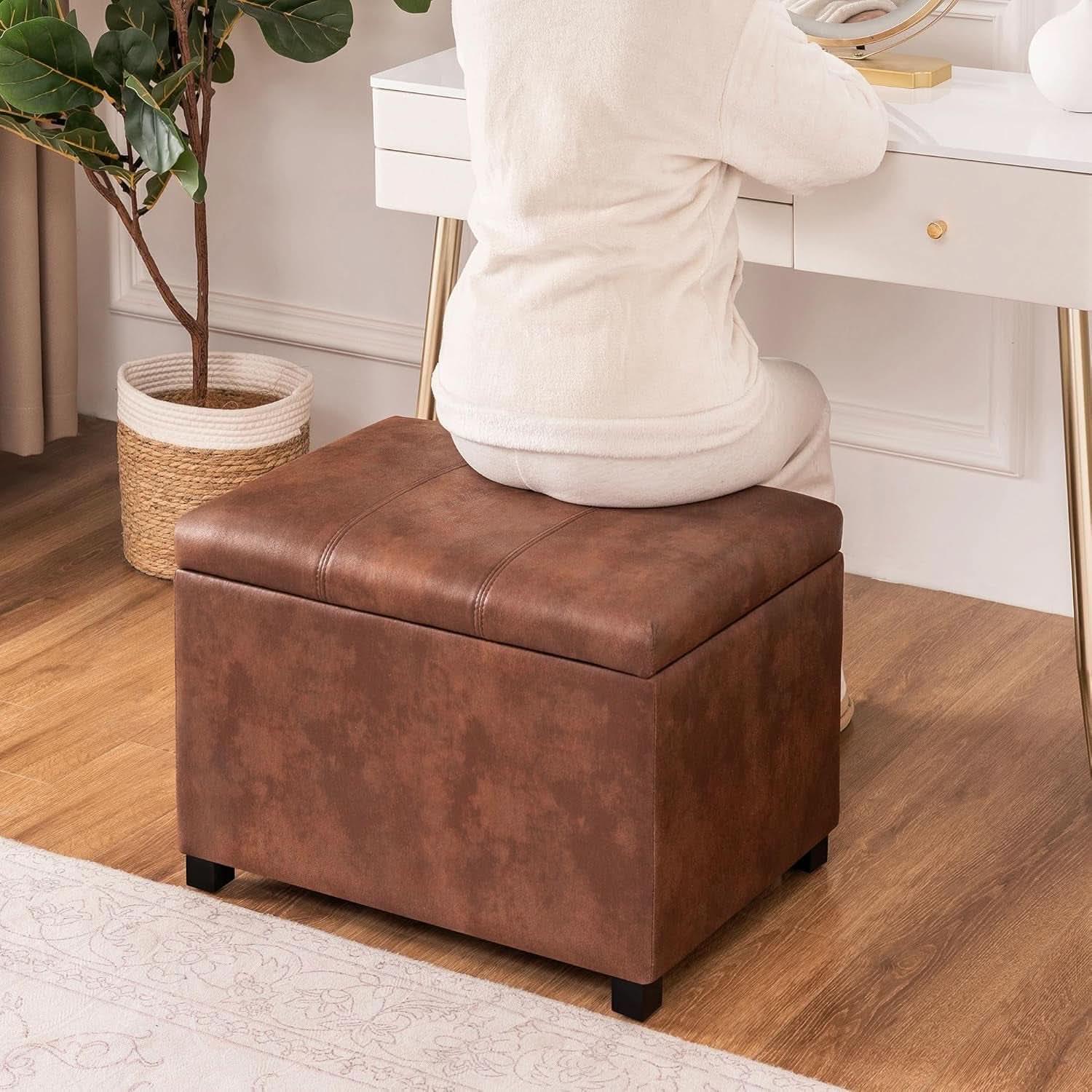Leather Storage Ottoman Bench 24 Inches Rectangular