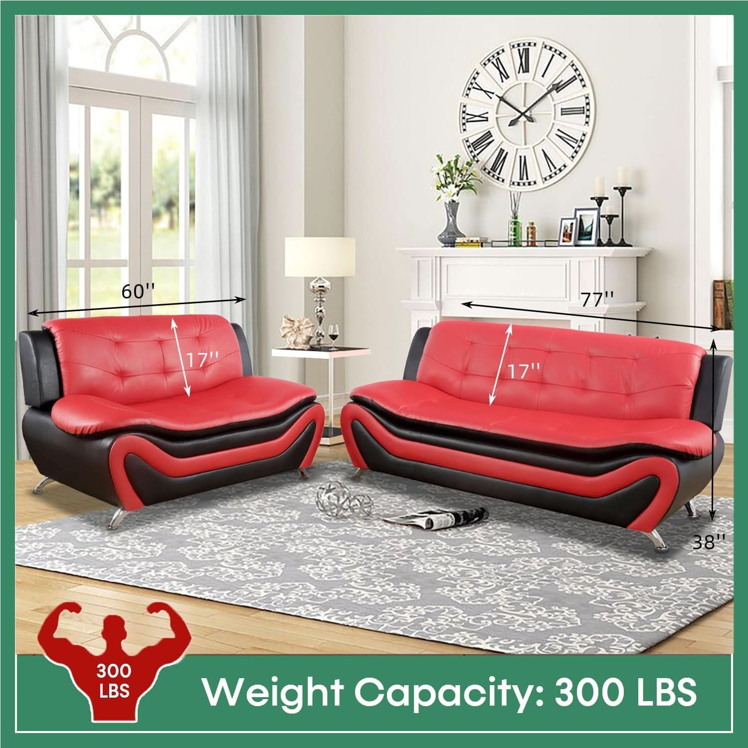 Leather Three Piece Living Room Sofa Set Black And Red