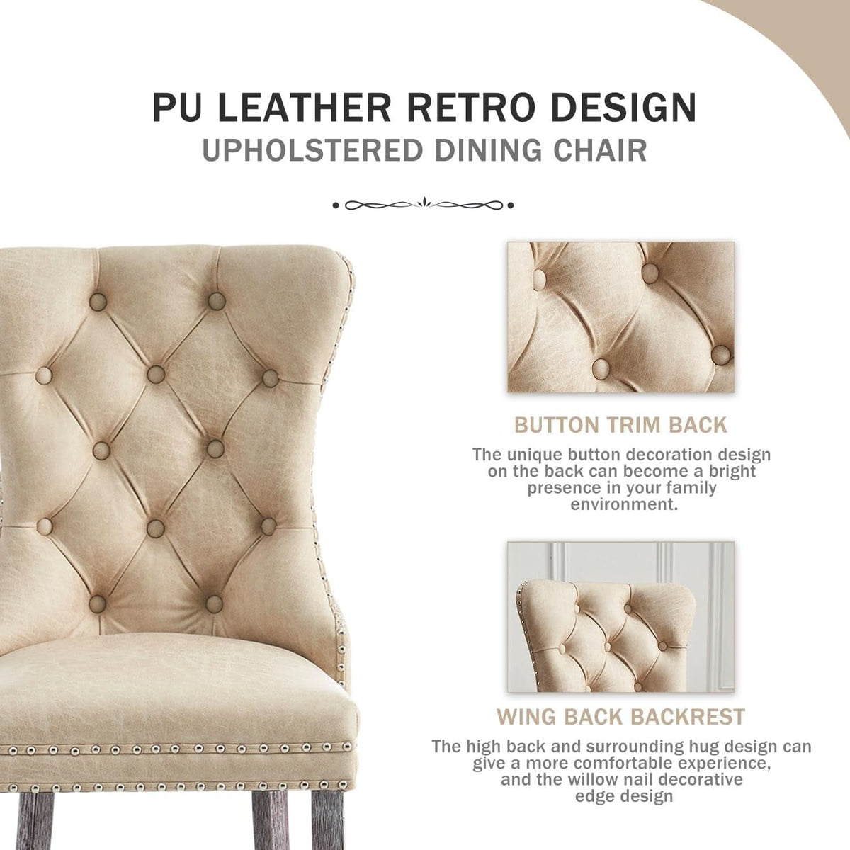Leather Wingback Dining Chairs Set Of 4 Beige Nailhead Trim