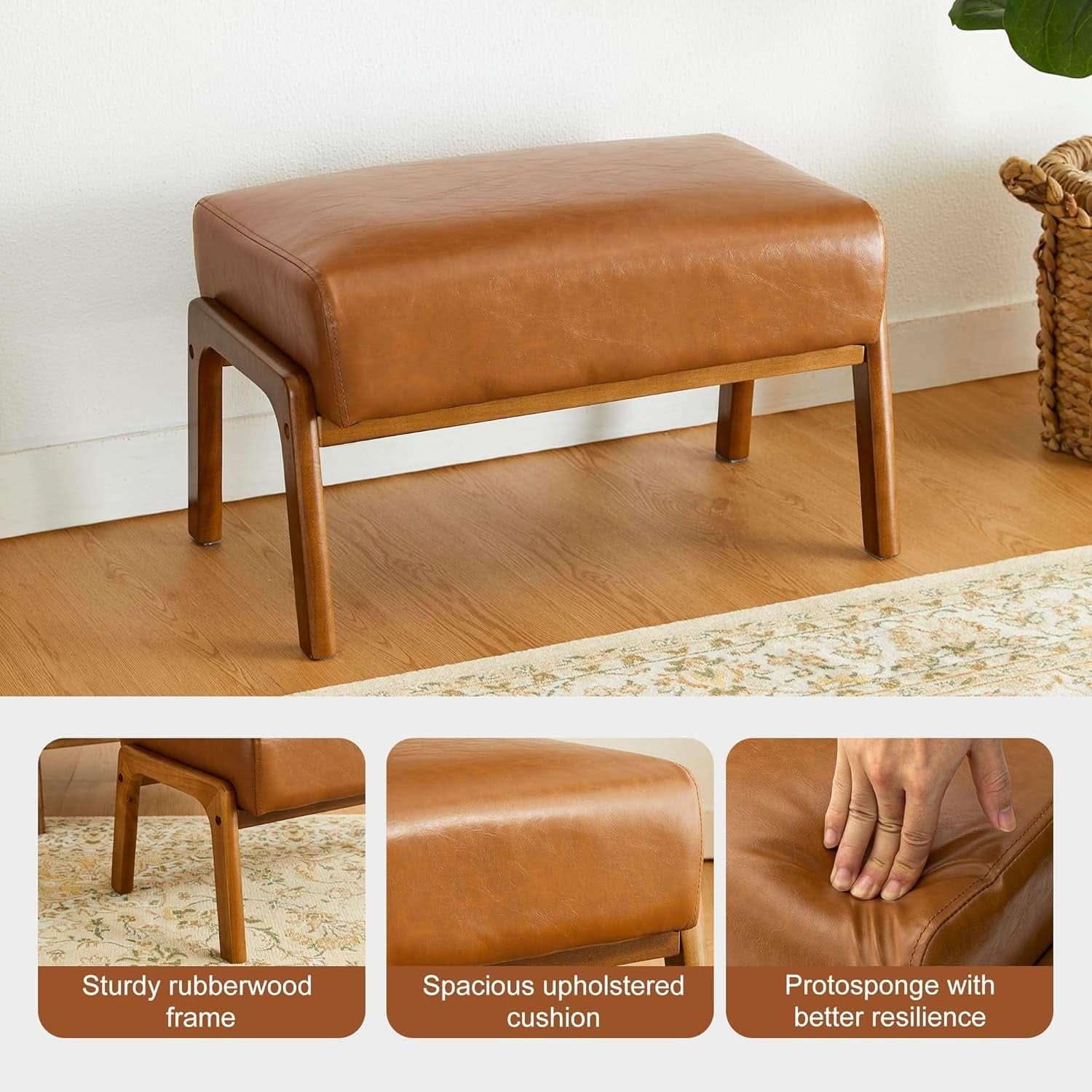 Leatherette Padded Ottoman Footrest Yellowish Brown