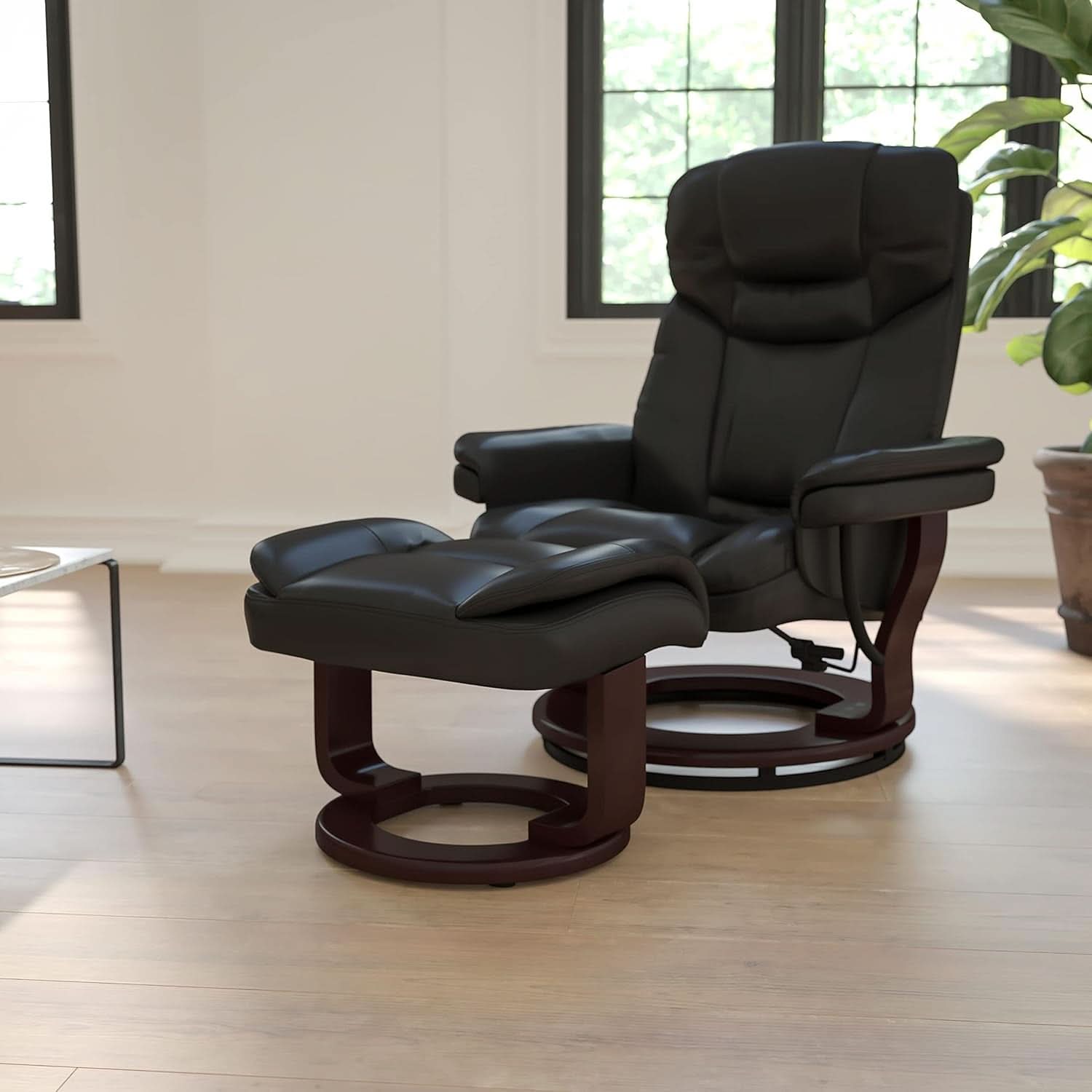 Leathersoft Upholstered Recliner With Ottoman Black