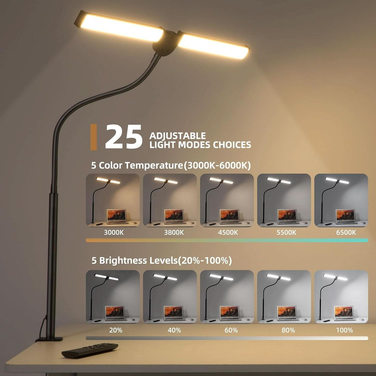 Led Desk Lamp Black Adjustable Gooseneck Dual Head Clip Lamp