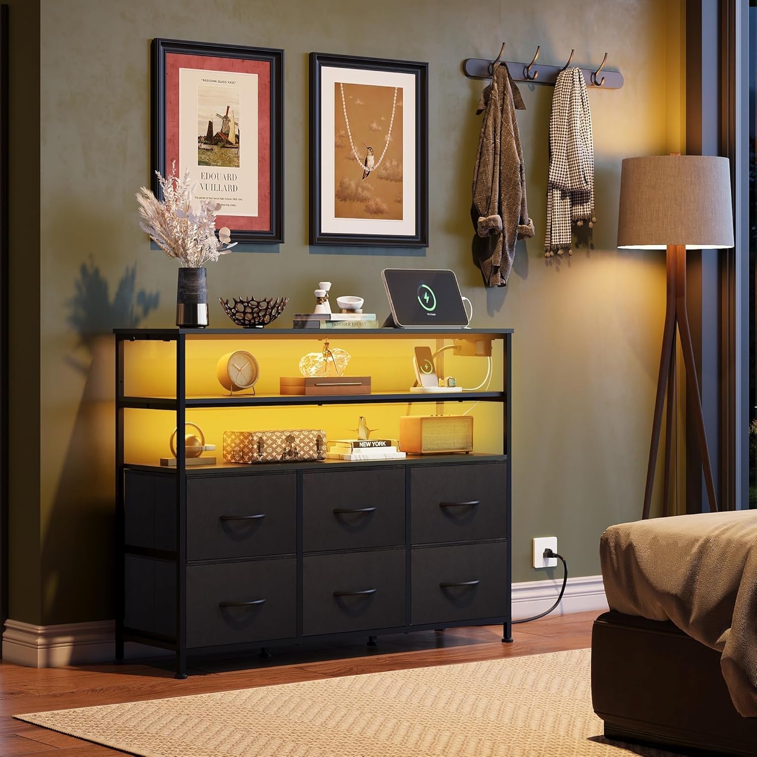 Led Dresser TV Stand Black With 6 Drawers And LED Lights