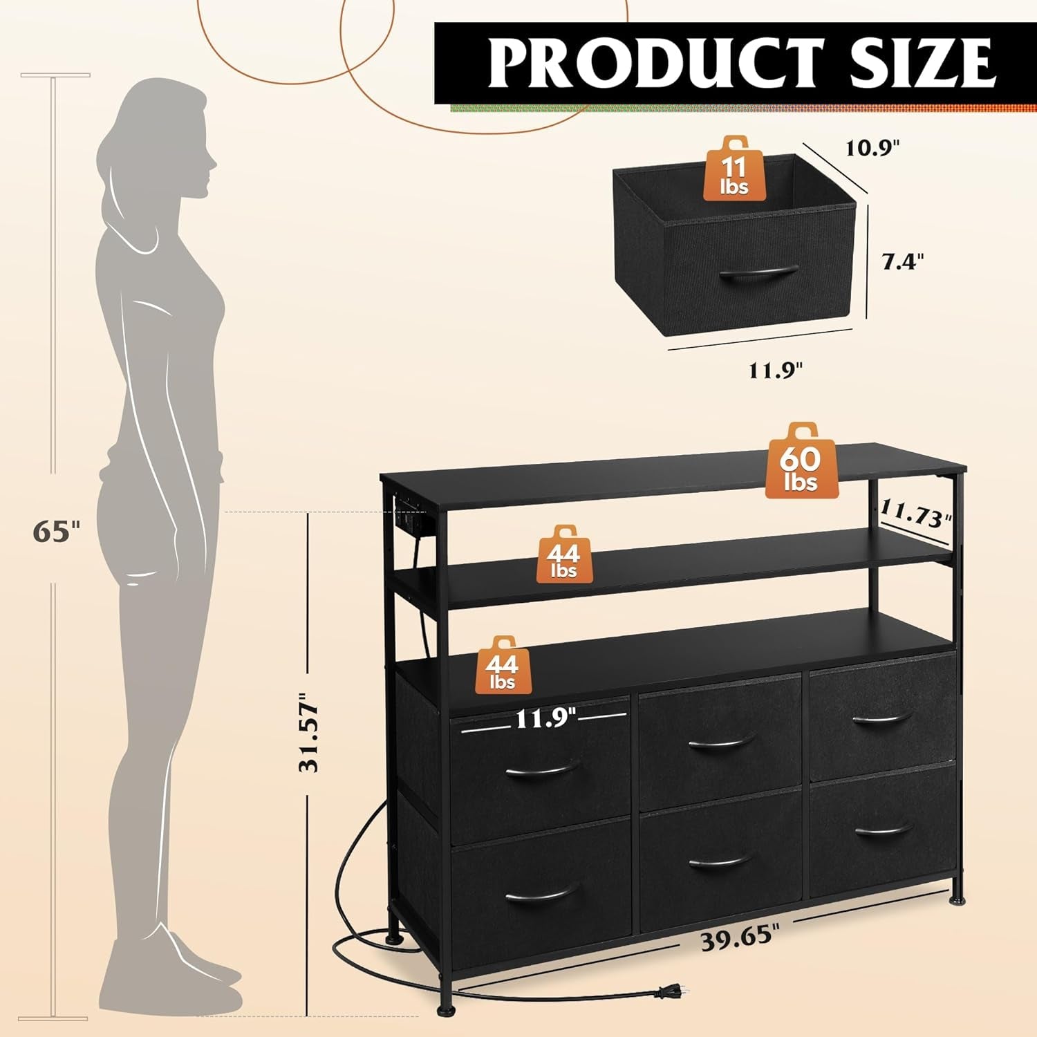 Led Dresser TV Stand Black With 6 Drawers And LED Lights