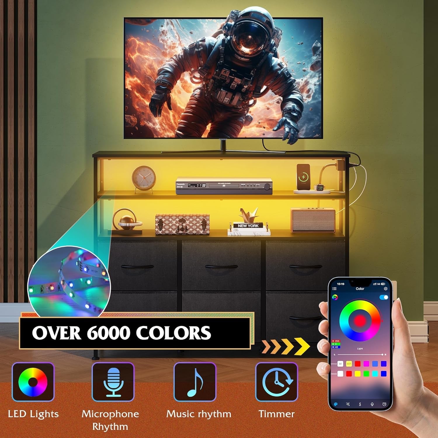Led Dresser TV Stand Black With 6 Drawers And LED Lights